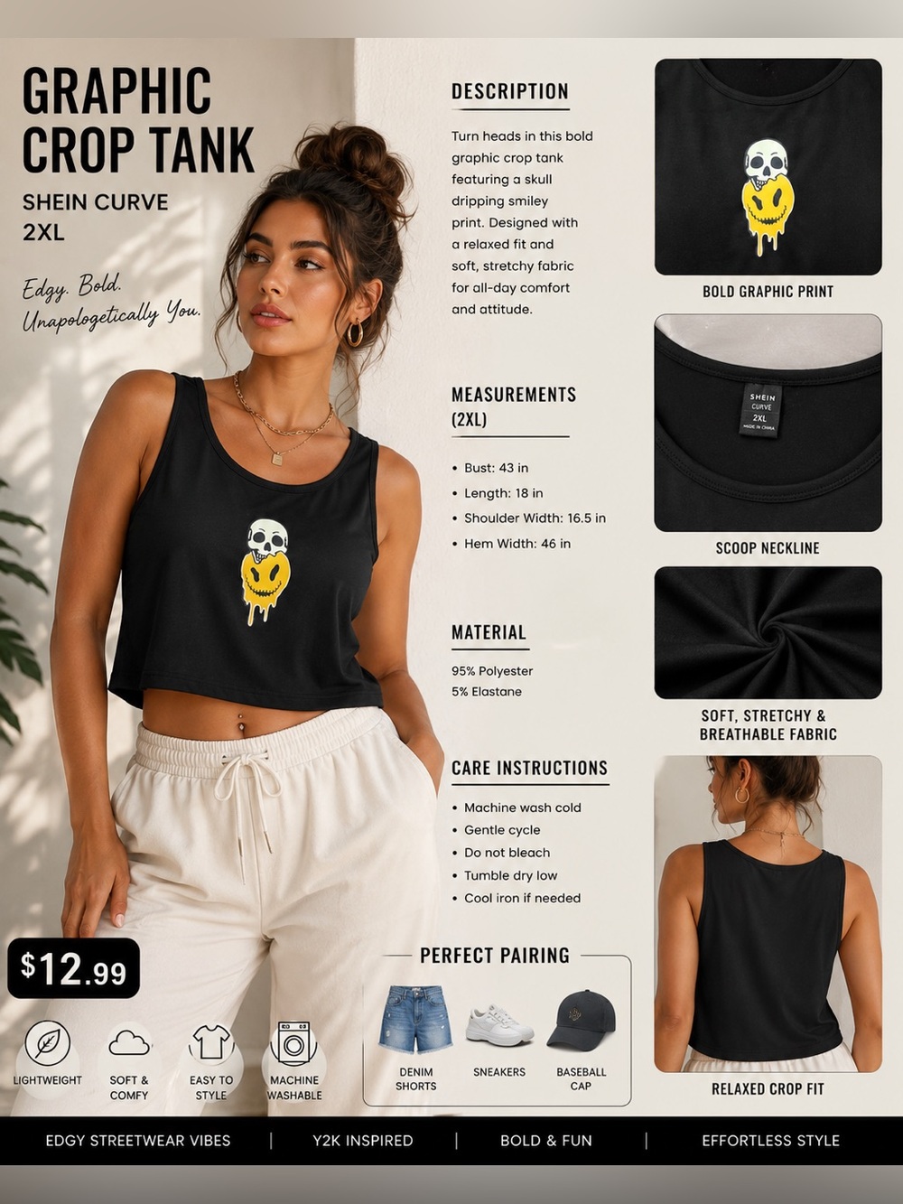SHEIN Black Kids Swim Crop Top with Yellow Drip Skull Graphic